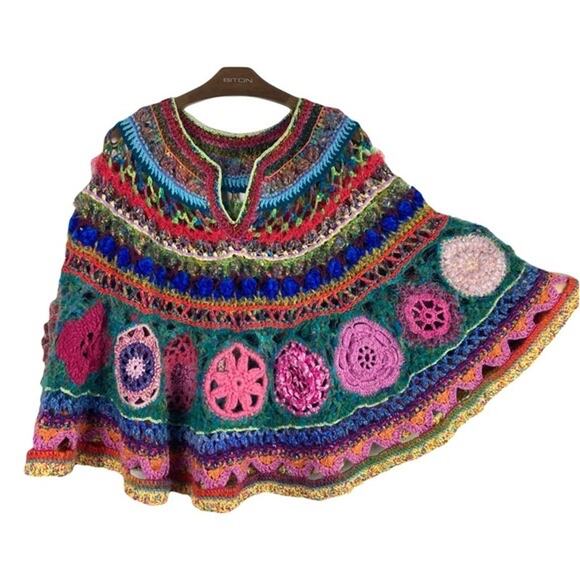 Cape Poncho Jacket Coat Sweater Cardigan Knit Crochet Thick Handmade Multicolor - Picture 1 of 14
